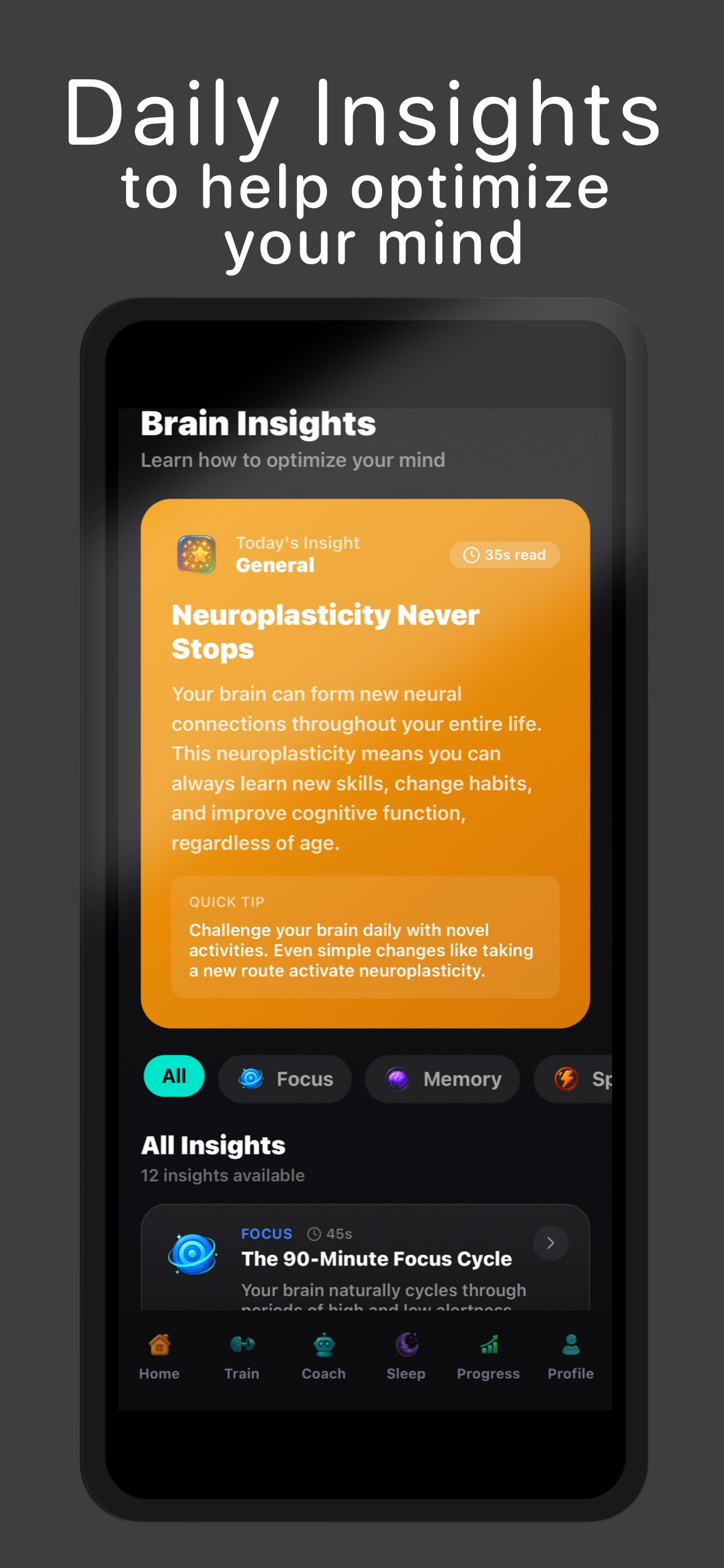 AI Coach chat interface providing personalized brain training advice