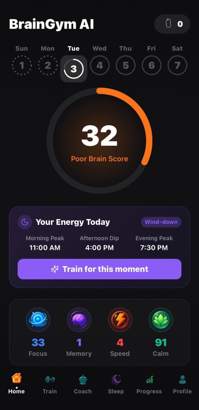 BrainGym AI App Dashboard showing brain score and daily training
